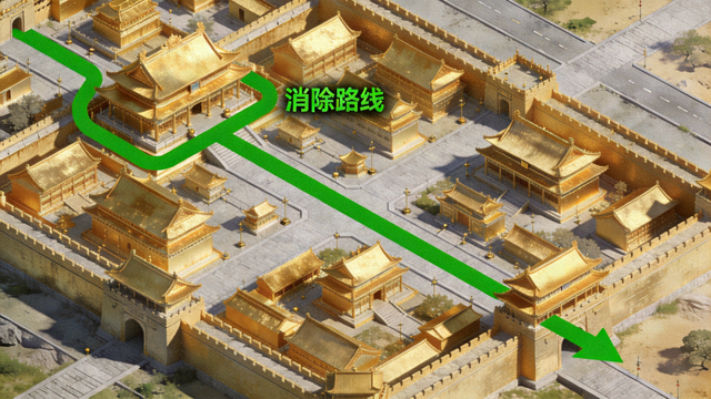 开发日志配图，金色城邦俯视图上标注的绿色消除路线箭头