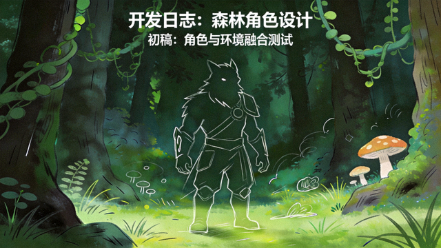 开发日志配图，绿色森林主题的游戏角色美术插画草稿