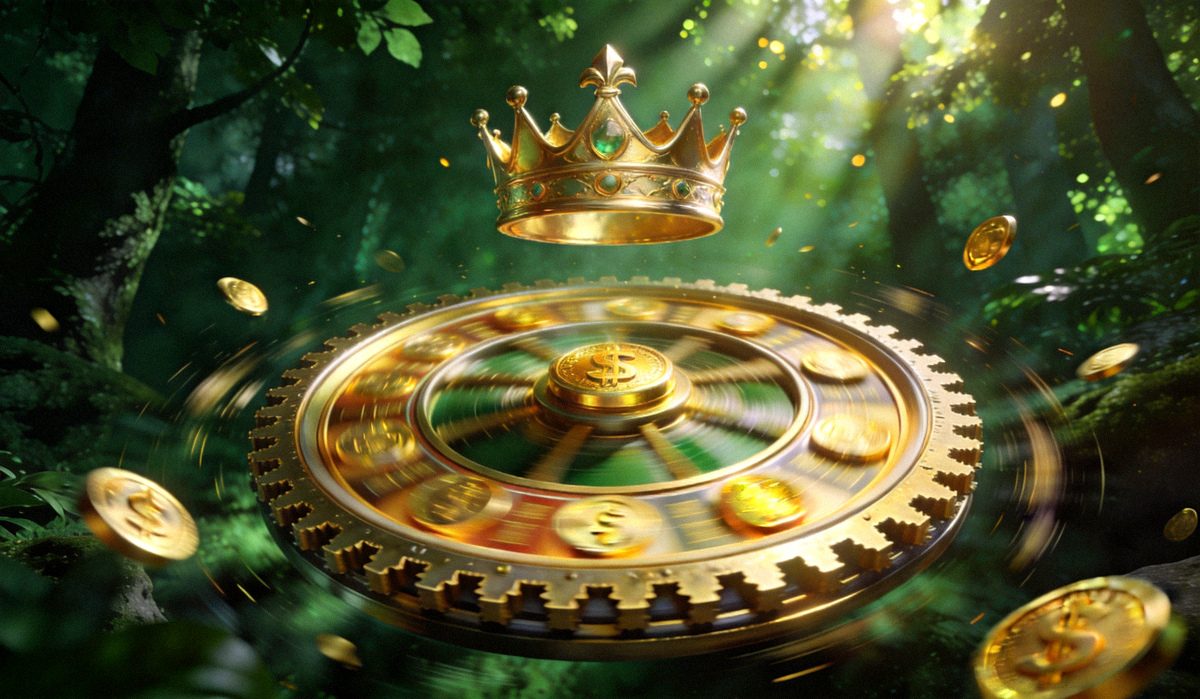 赏金女王游戏主视觉场景，绿色森林背景中金色皇冠与旋转的赏金转盘